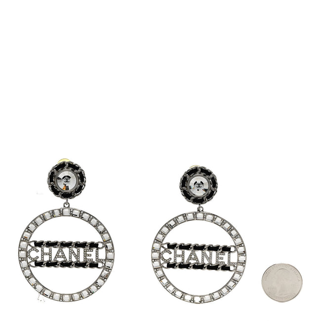 Crystal Lambskin Chain CC Hoop Clip On Earrings Black Silver Main Image