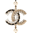 Pearl Crystal Lambskin CC Long Necklace Gold Black