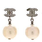 Crystal Pearl CC Drop Earrings Silver Pearly White