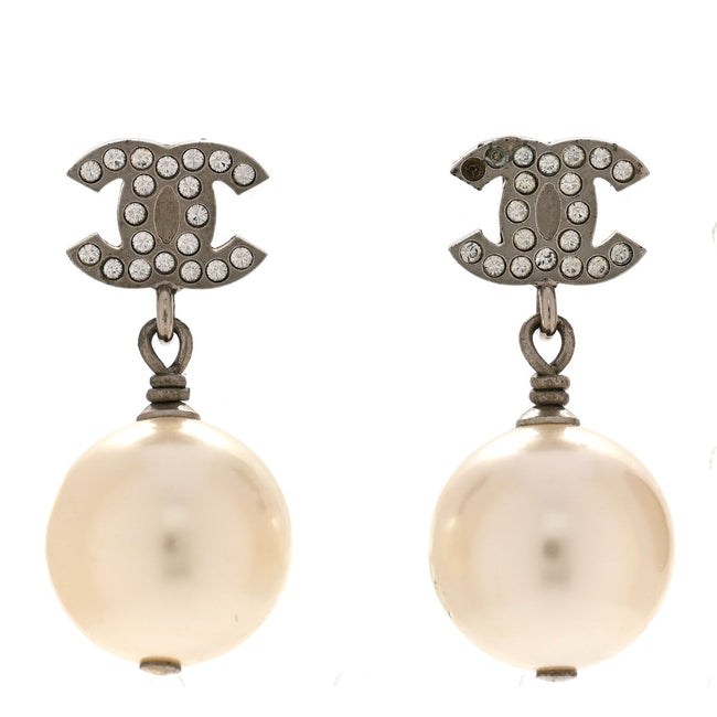 Crystal Pearl CC Drop Earrings Silver Pearly White Hover Image