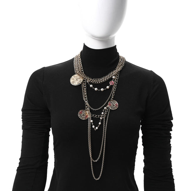 Resin Pearl Metal CC Camellia Multi Strand Chain Necklace Pink Gold Main Image