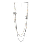 Glass Pearl Crystal CC Leaf Multi Strand Long Necklace Ruthenium