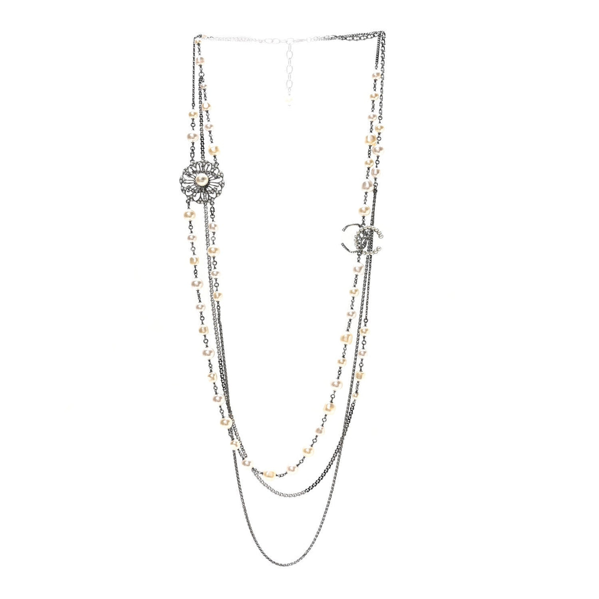 Glass Pearl Crystal CC Leaf Multi Strand Long Necklace Ruthenium