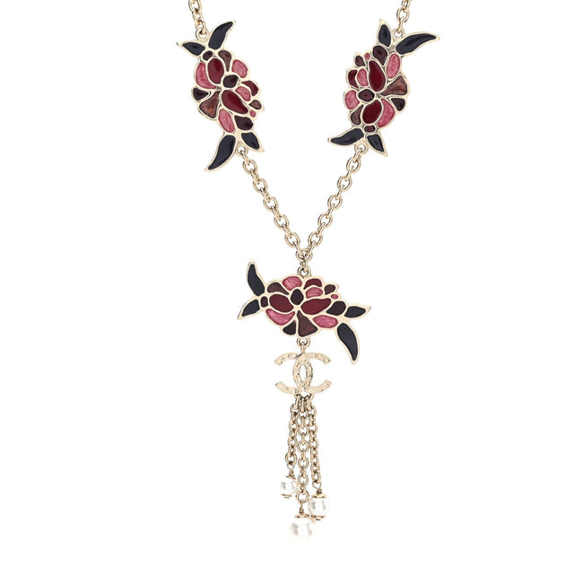 Resin Pearl Metal CC Camellia Necklace Pink Gold Hover Image