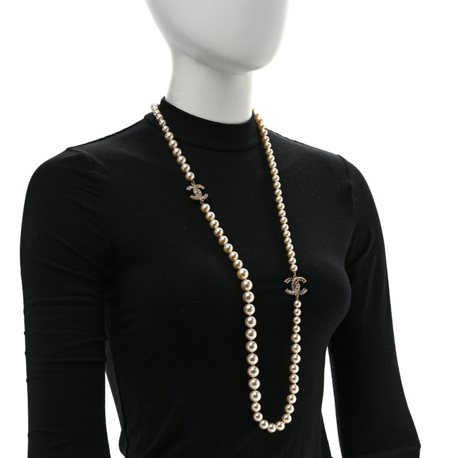 Pearl Baguette Crystal Long CC Necklace Gold Main Image