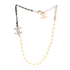 Lambskin Pearl Crystal CC Short Necklace Gold White Black