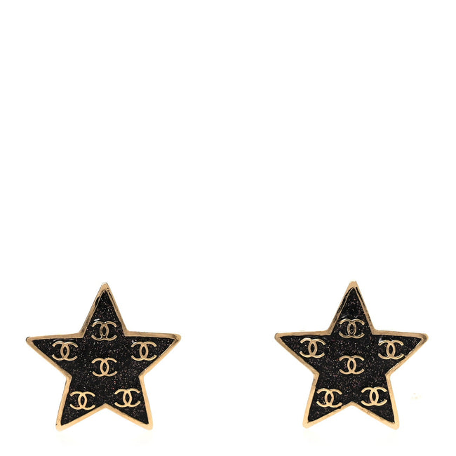 Metal Glitter Sparkle CC Star Earrings Gold Pearly Black Hover Image