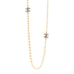 Pearl Baguette Crystal Long CC Necklace Gold
