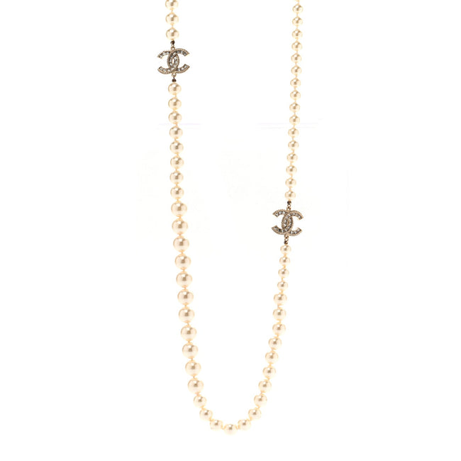 Pearl Baguette Crystal Long CC Necklace Gold Hover Image