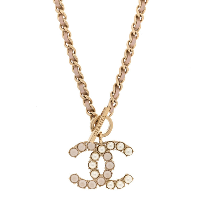 Pearl Crystal Lambskin Chain CC Dazzling Domino Necklace White Gold Pink Hover Image
