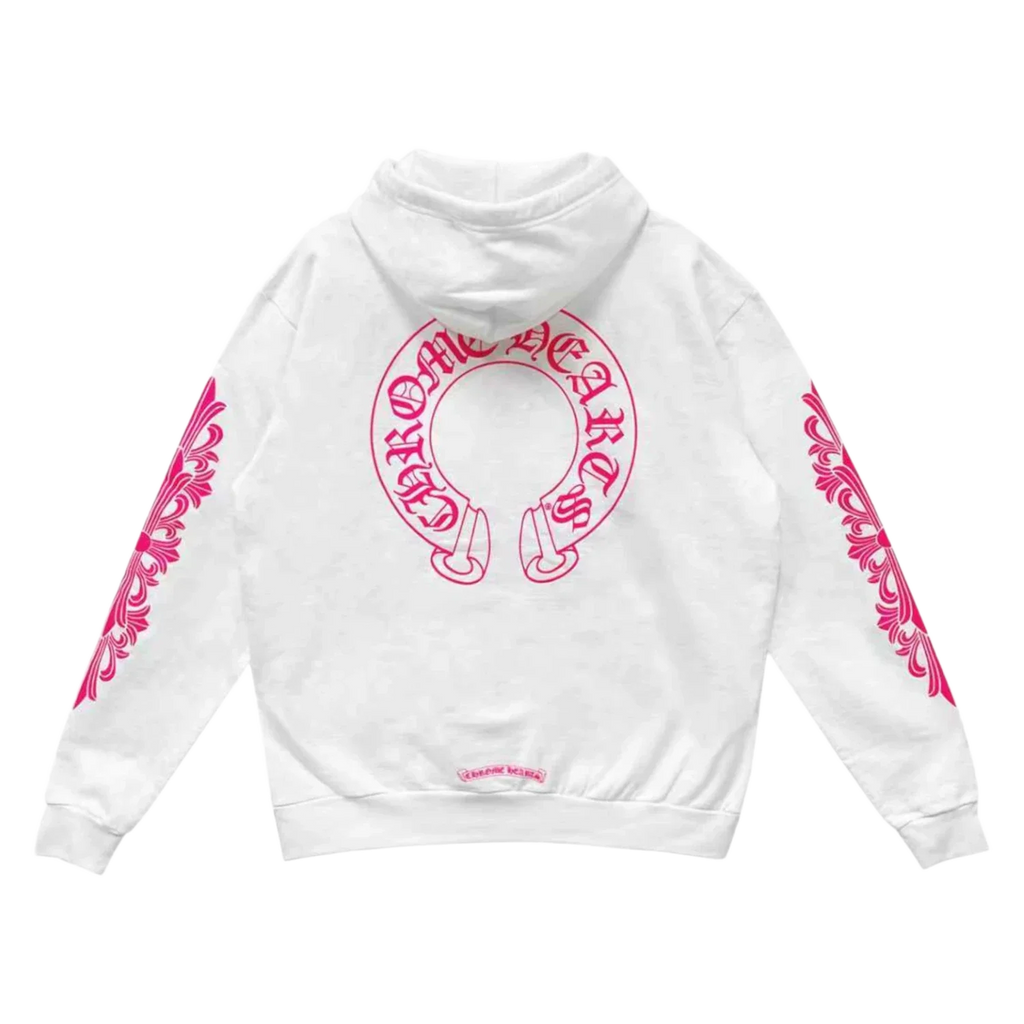Chrome Hearts Pink Horseshoe Floral Sleeve Pullover Hoodie White