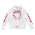 Chrome Hearts Pink Horseshoe Floral Sleeve Pullover Hoodie White