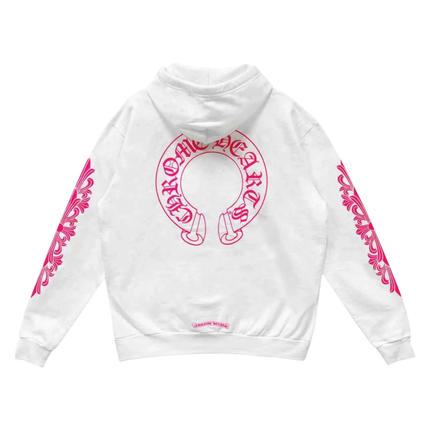 Chrome Hearts Pink Horseshoe Floral Sleeve Pullover Hoodie White