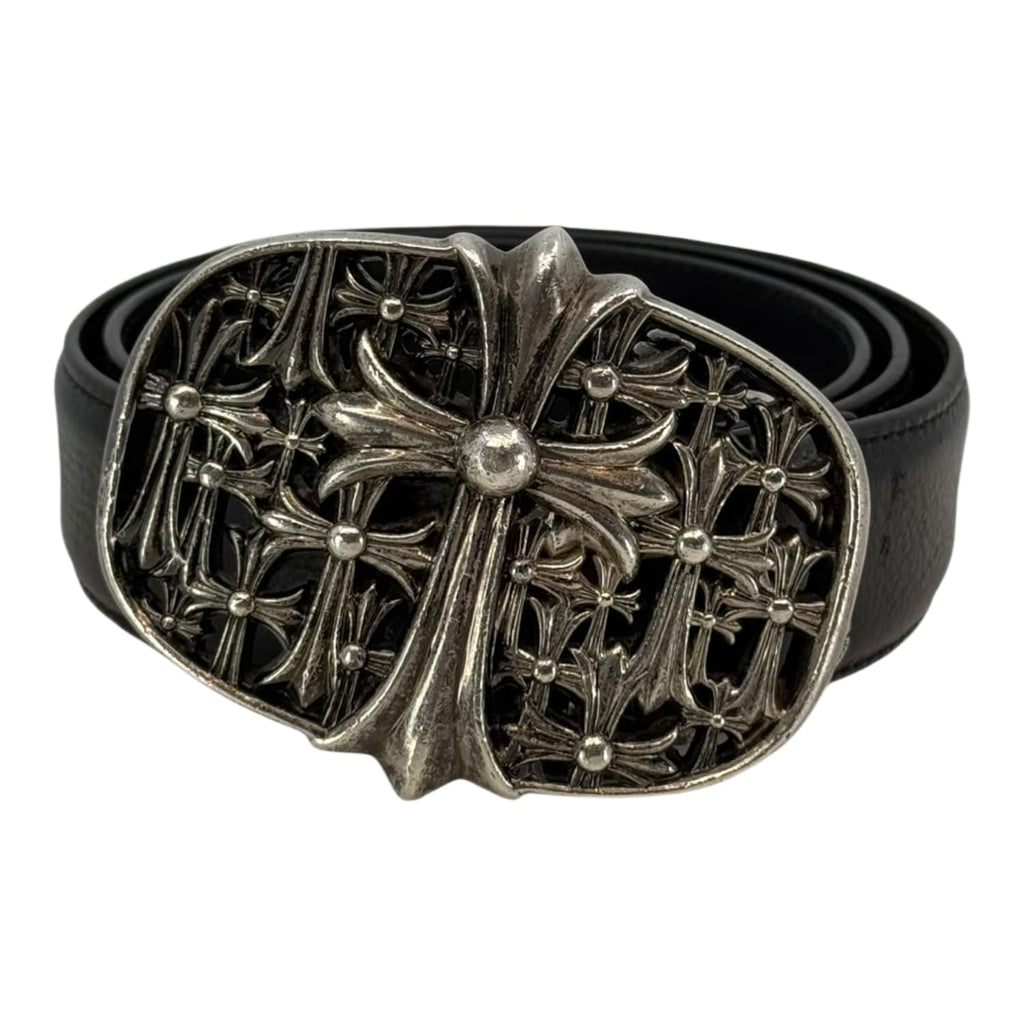 Chrome Hearts Silver Cemetery Cross Black Leather Belt - Size 34