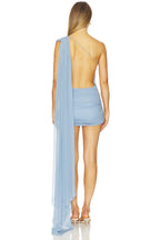 Blue One-Shoulder Chiffon Mini Dress