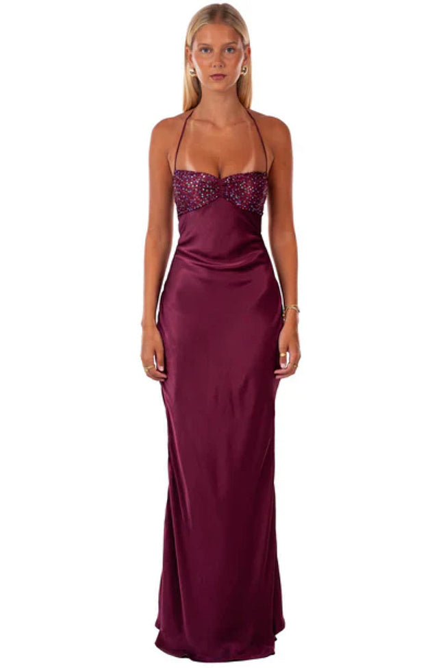 Burgundy Sequin Corset Fishtail Gown Hover Image