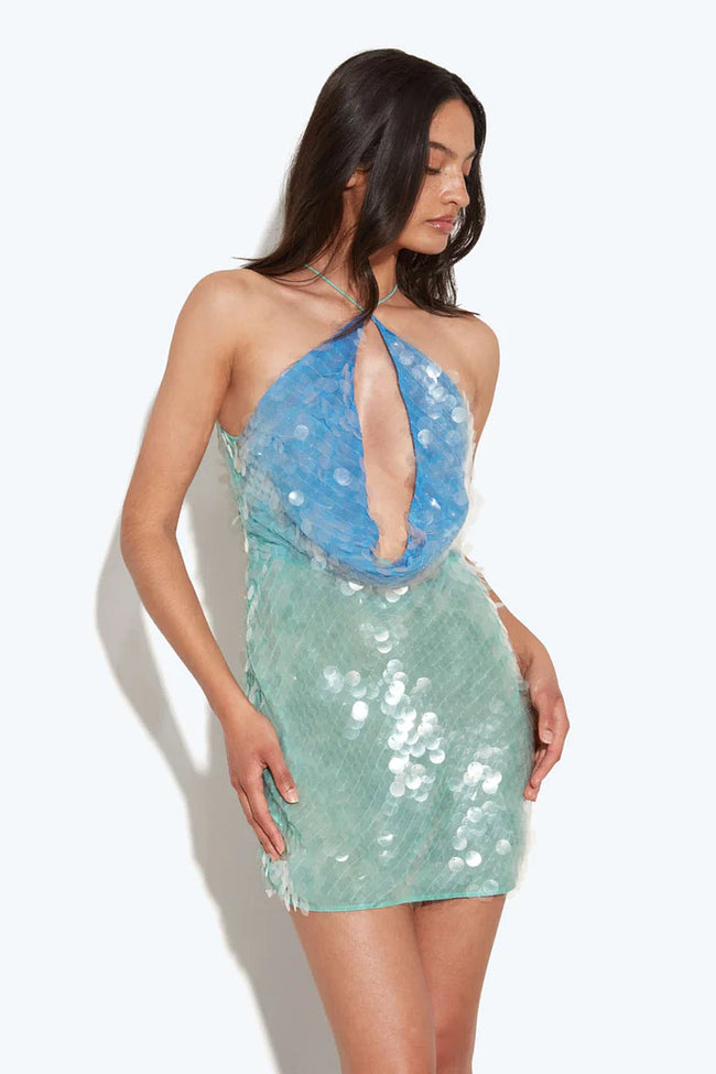 Teal Ombre Sequin Cutout Mini Dress Main Image