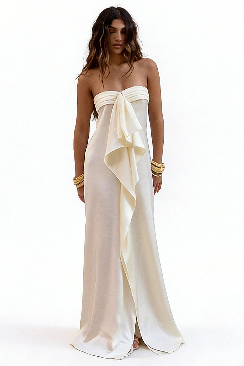 Cream Bandeau Bow Satin Maxi Dress