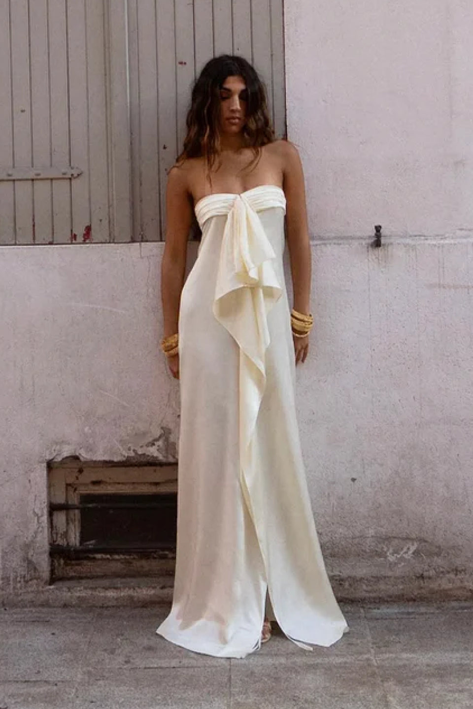 Cream Bandeau Bow Satin Maxi Dress