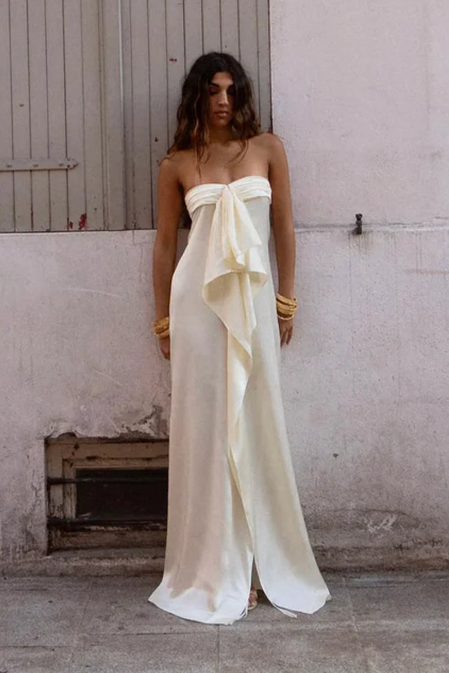 Cream Bandeau Bow Satin Maxi Dress Main Image