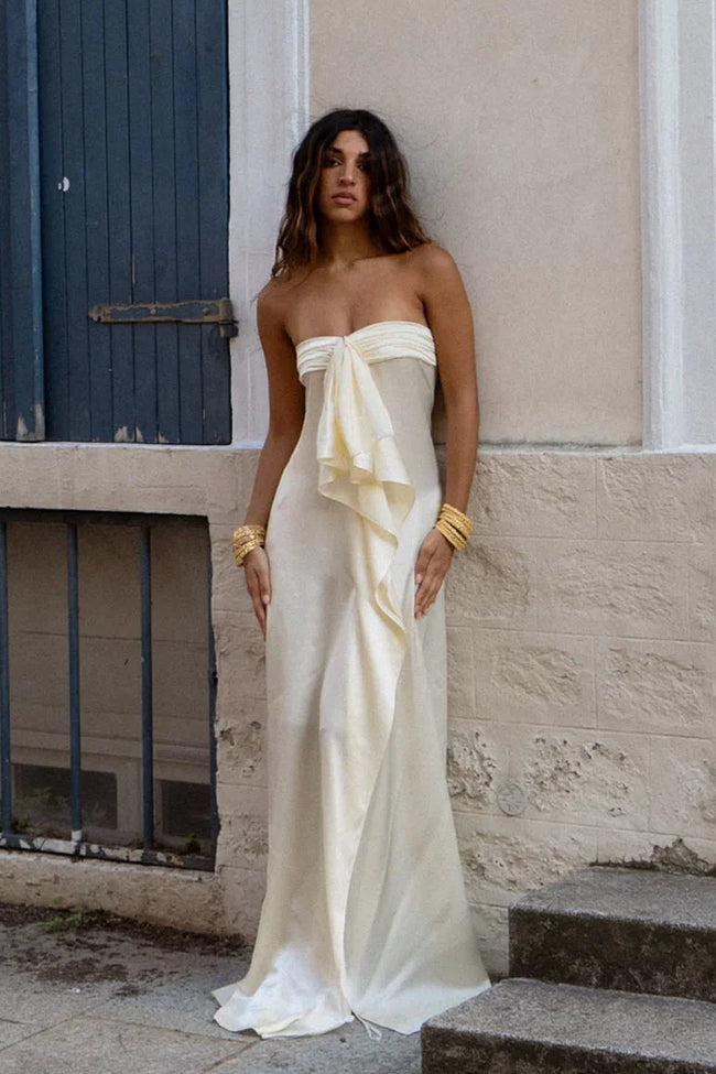 Cream Bandeau Bow Satin Maxi Dress Hover Image