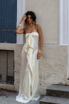 Cream Bandeau Bow Satin Maxi Dress