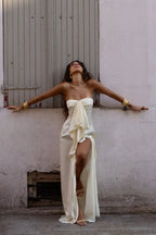 Cream Bandeau Bow Satin Maxi Dress