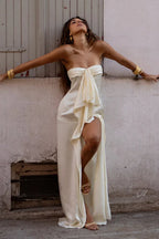 Cream Bandeau Bow Satin Maxi Dress
