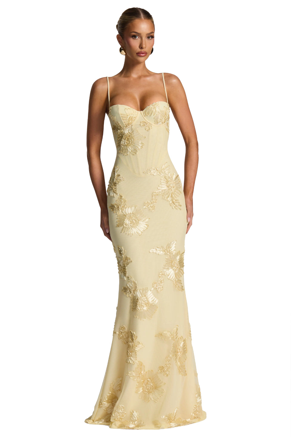 Cream 3D Floral Fishtail Gown