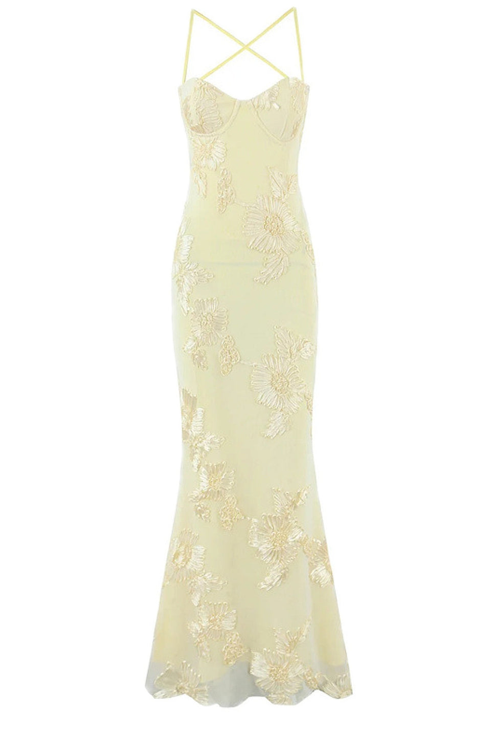 Cream 3D Floral Fishtail Gown