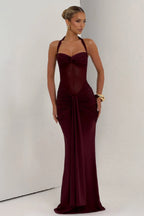 Burgundy Mesh Halter Fishtail Gown