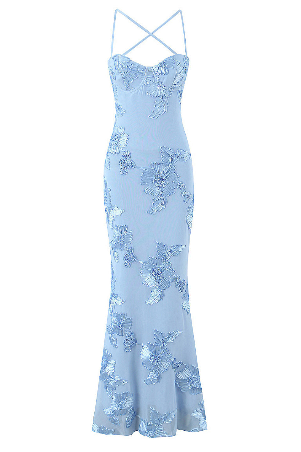 Blue 3D Floral Fishtail Gown