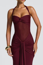 Burgundy Mesh Halter Fishtail Gown