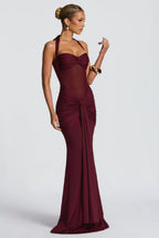 Burgundy Mesh Halter Fishtail Gown