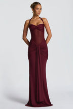 Burgundy Mesh Halter Fishtail Gown