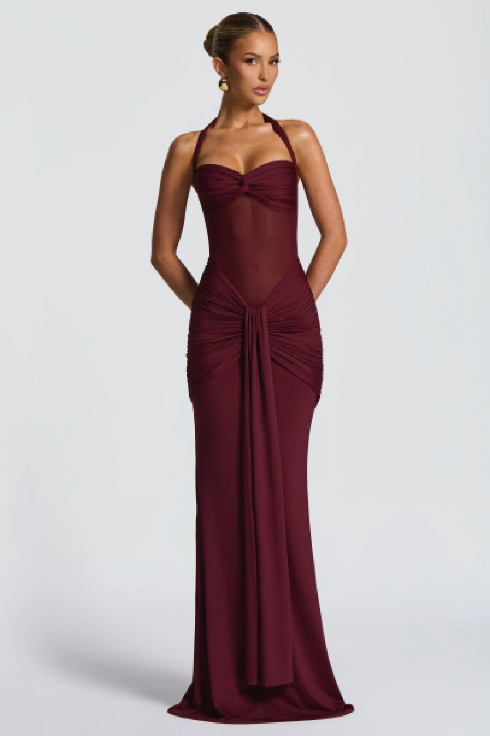 Burgundy Mesh Halter Fishtail Gown
