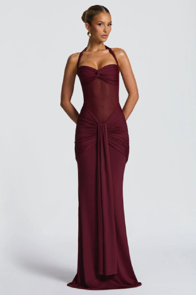 Burgundy Mesh Halter Fishtail Gown Main Image