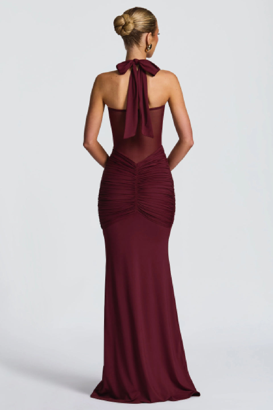 Burgundy Mesh Halter Fishtail Gown