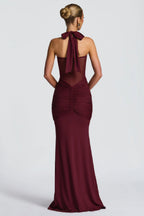 Burgundy Mesh Halter Fishtail Gown