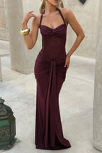 Burgundy Mesh Halter Fishtail Gown