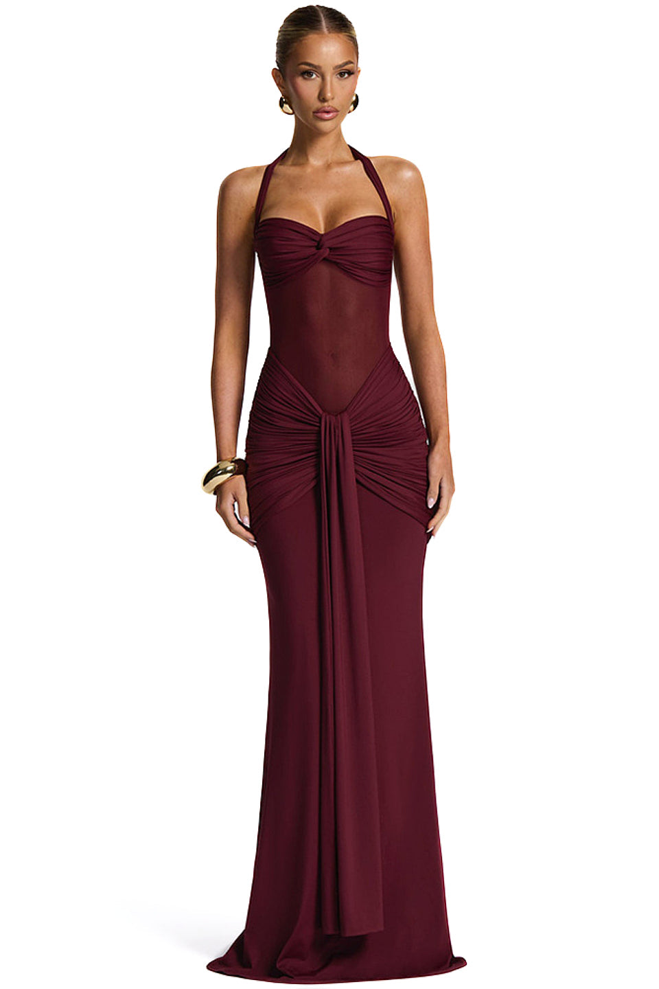 Burgundy Mesh Halter Fishtail Gown