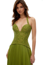 Green Lace Corset Pleated Gown
