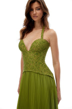 Green Lace Corset Pleated Gown