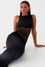 Black Lace Waist Open Back Maxi Dress