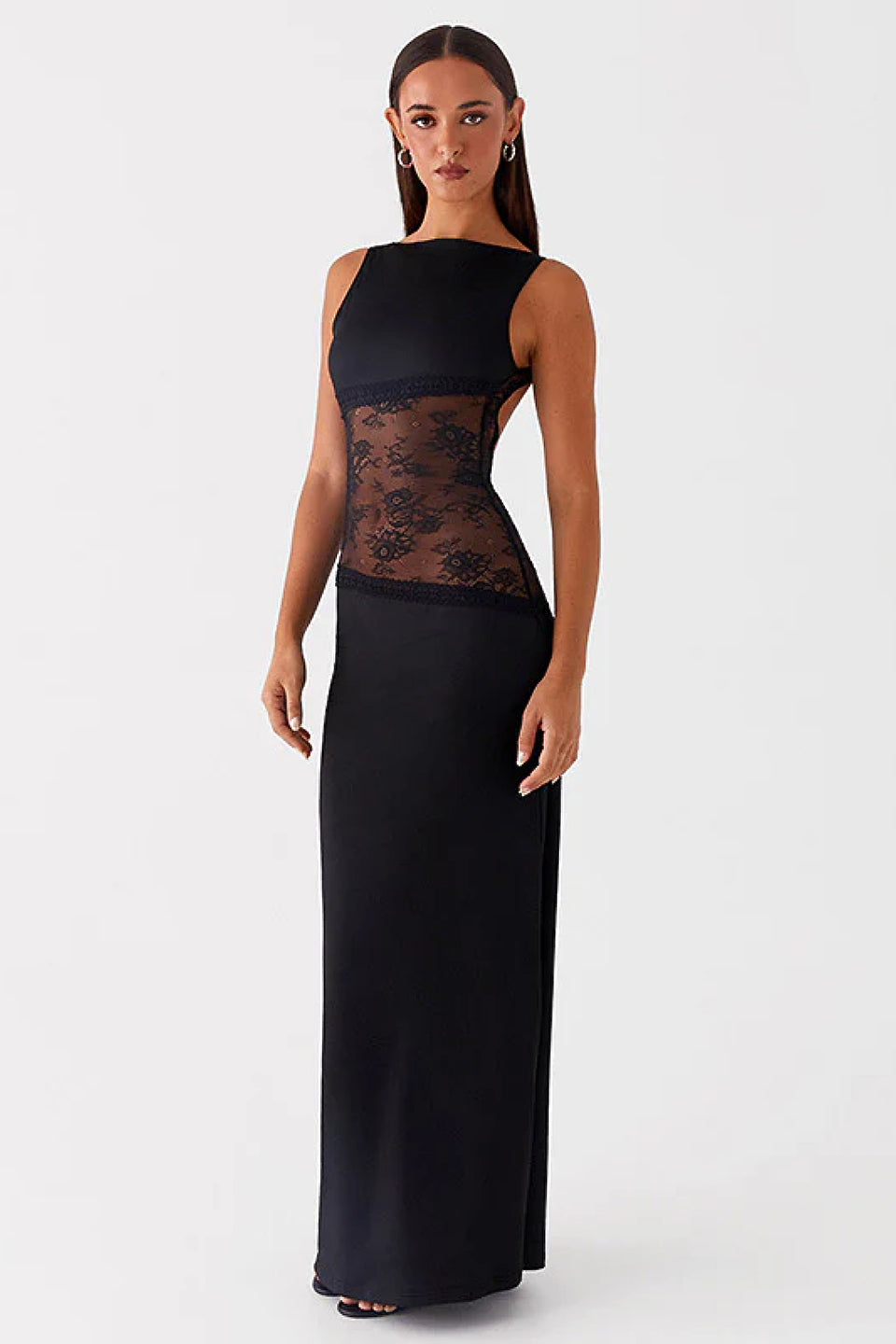 Black Lace Waist Open Back Maxi Dress