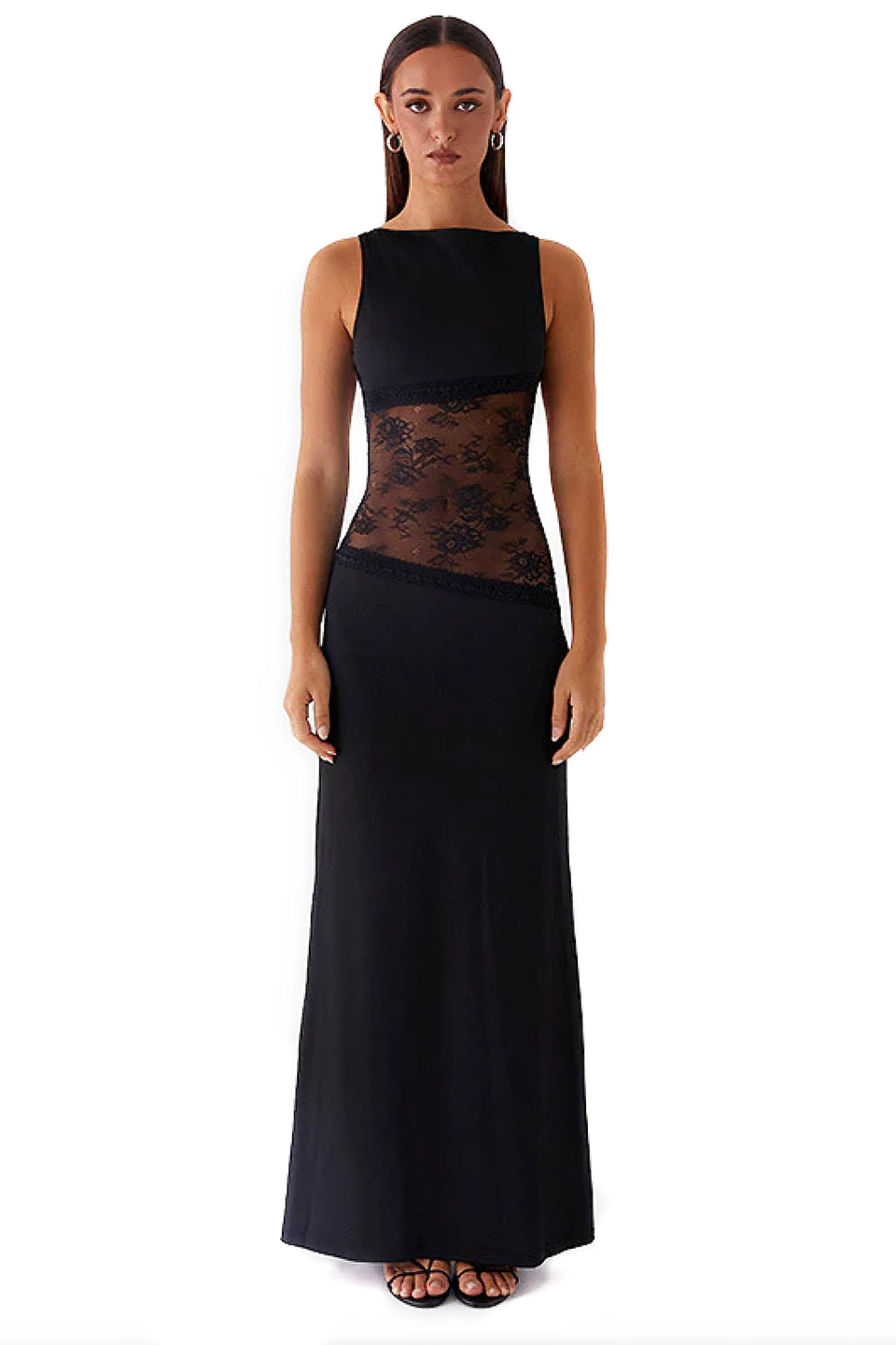 Black Lace Waist Open Back Maxi Dress