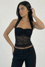 Black Halter Lace Bow Crop Top