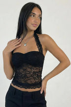 Black Halter Lace Bow Crop Top
