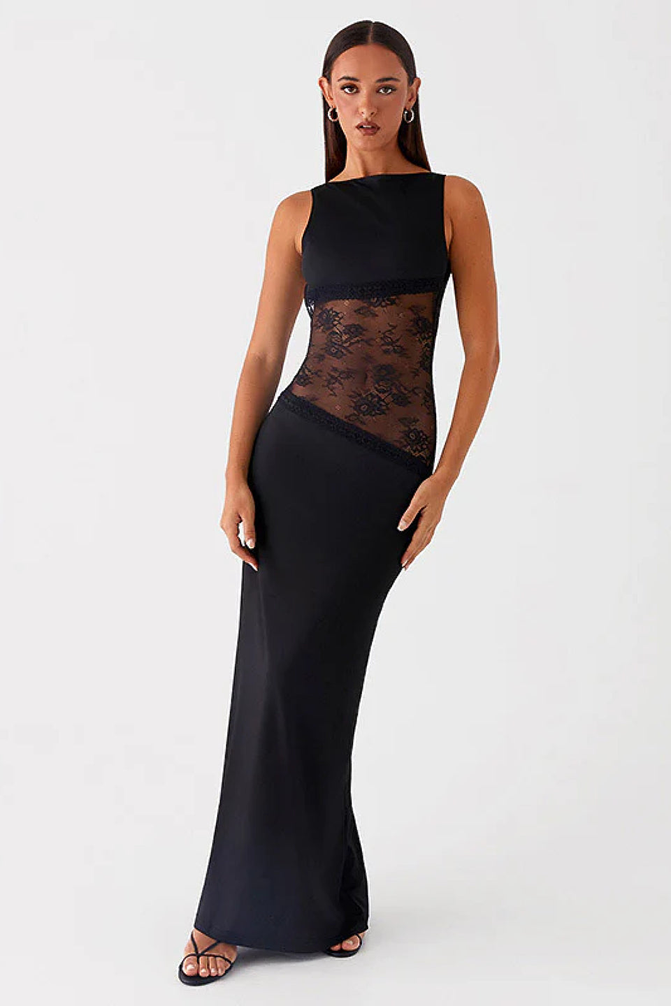 Black Lace Waist Open Back Maxi Dress