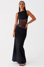 Black Lace Waist Open Back Maxi Dress